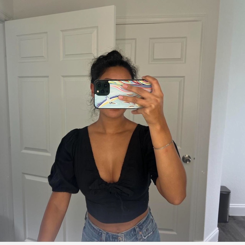Abercrombie & Fitch Black Puff Sleeve Crop Blouse